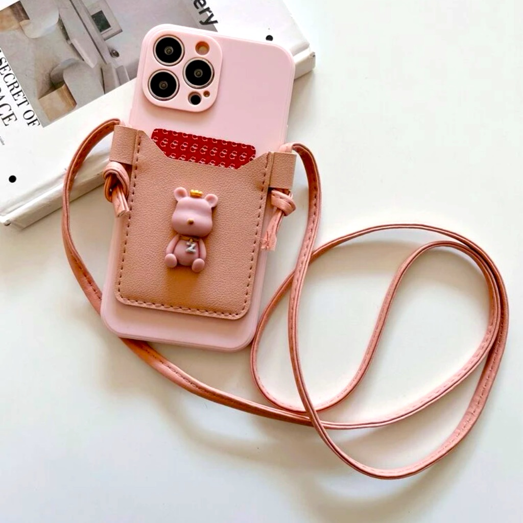Iphone 13 Pro Max Pink Teddy Crossbody Phone Case